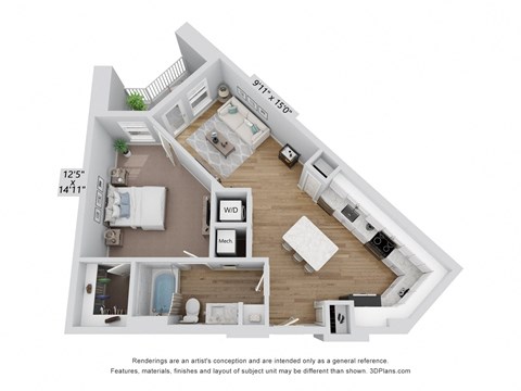 Floor plan for 1 bed, 1 bath, 721 sqft